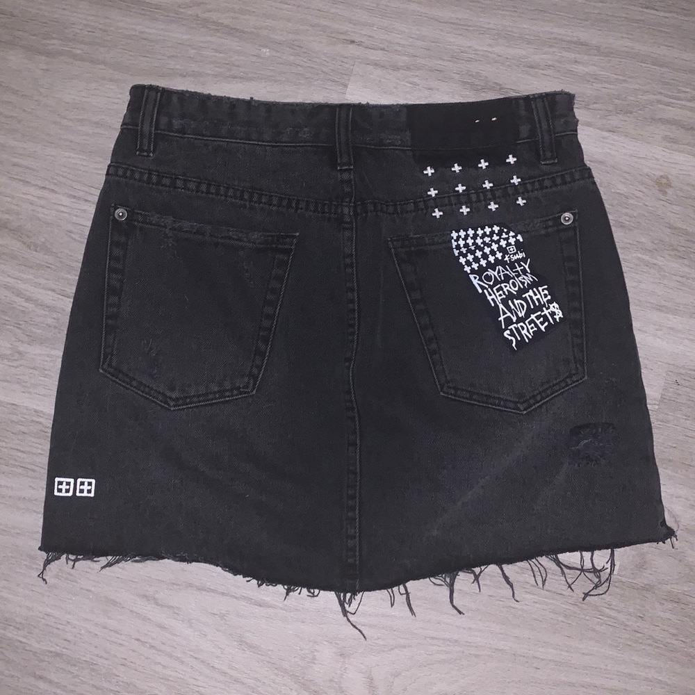 Ksubi black denim distressed A-line mini skirt